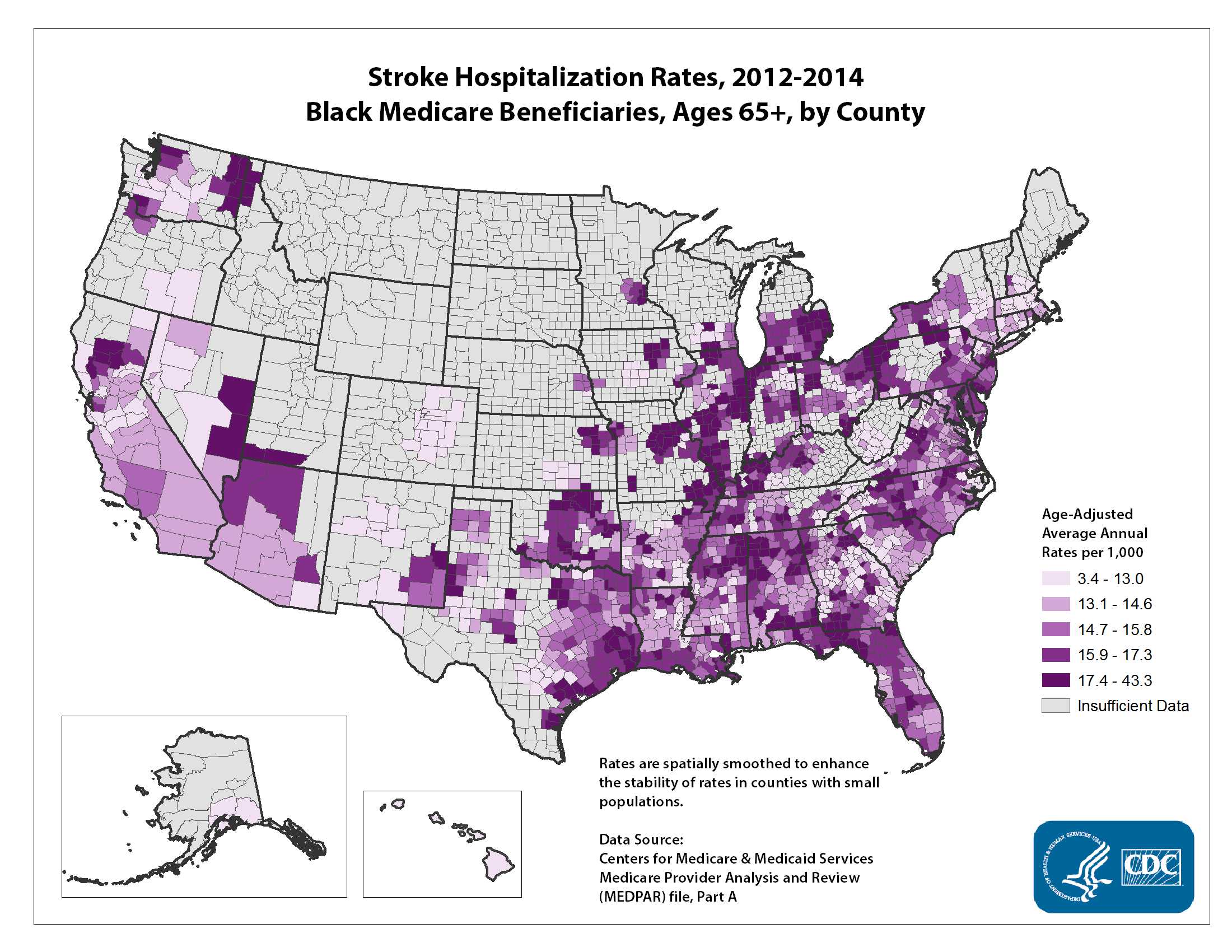 Stroke Hospitalization Rates for 2010 through 2012 for Blacks Aged 65 Years and Older by County. The map shows that concentrations of counties with the highest stroke hospitalization rates - meaning the top quintile - are located primarily in parts of the Southeast, Oklahoma, Arkansas, Pennsylvania, Ohio, Illinois, and Michigan.
