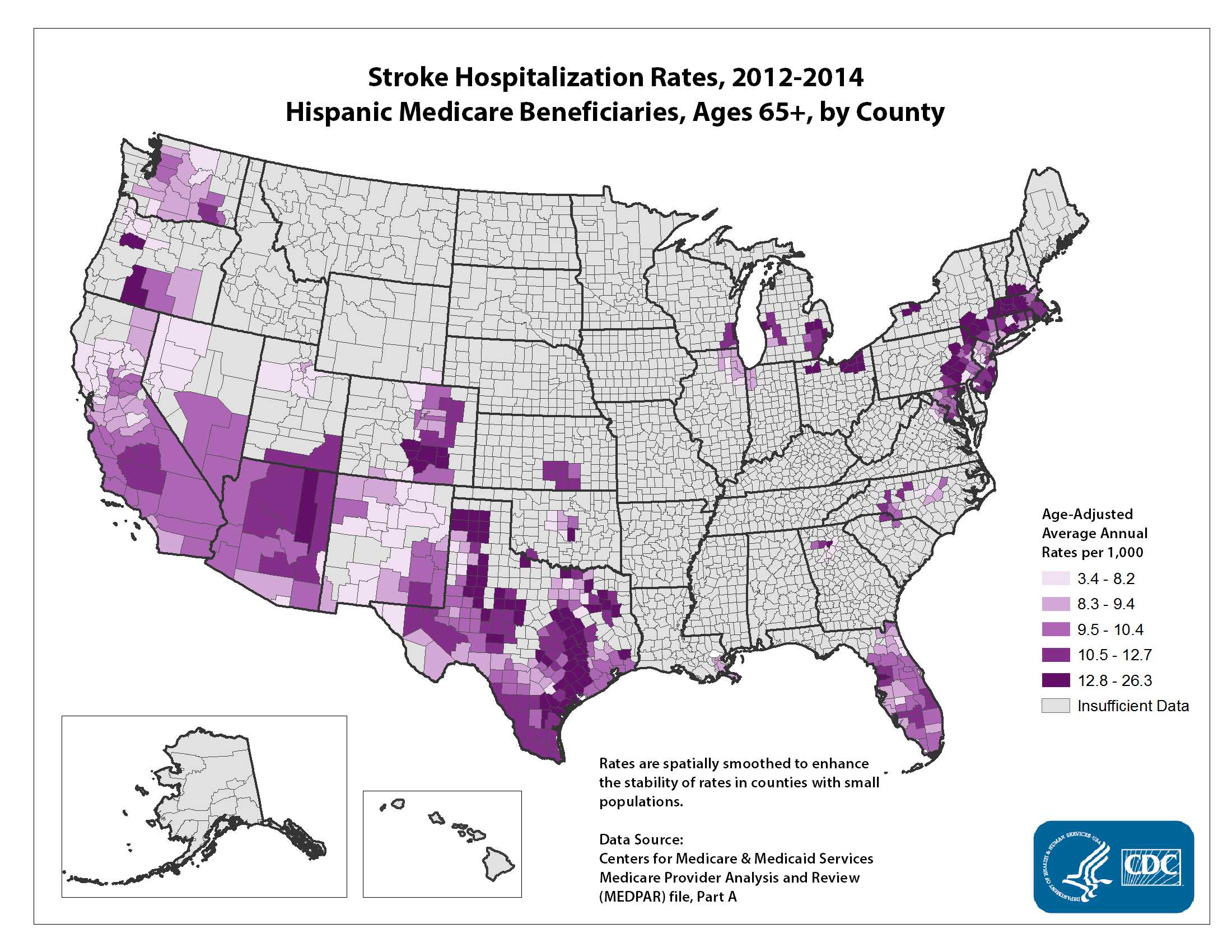 Stroke Hospitalization Rates for 2010 through 2012 for Hispanics Aged 65 Years and Older by County. The map shows that concentrations of counties with the highest stroke hospitalization rates - meaning the top quintile - are located primarily in Texas, Massachusetts, and New York.