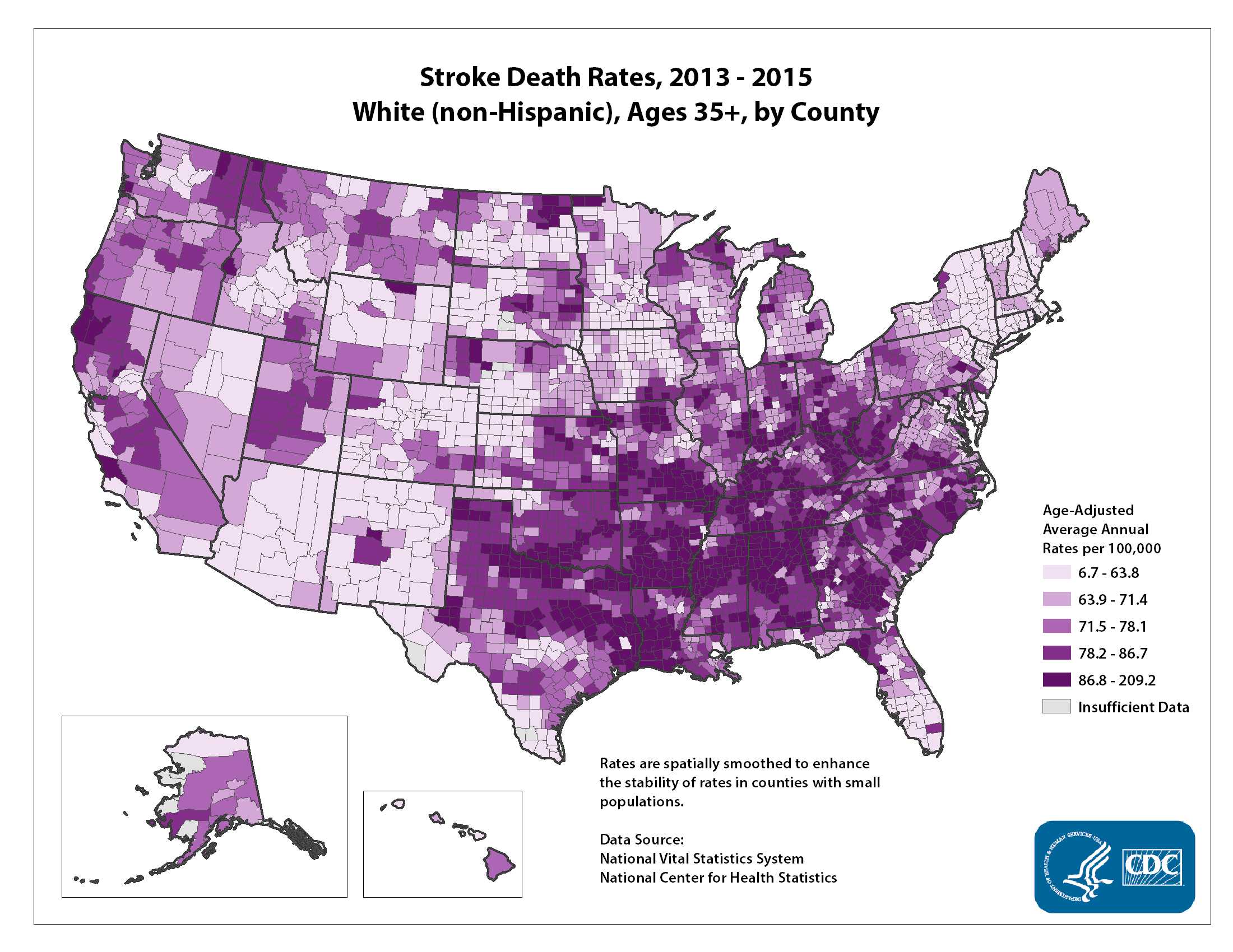 Stroke Death Rates for 2012 through 2014 for Whites Aged 35 Years and Older by County. The map shows that concentrations of counties with the highest stroke death rates - meaning the top quintile - are located primarily in the Southeast, with heavy concentrations of high-rate counties in Arkansas, West Virginia, Kentucky, and parts of Texas. Pockets of high-rate counties also are found in Oklahoma, Illinois, Missouri, Indiana, South Dakota, North Carolina, South Carolina, and Georgia.