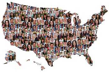 	Map of USA with images of peoples faces instead of layout of the states