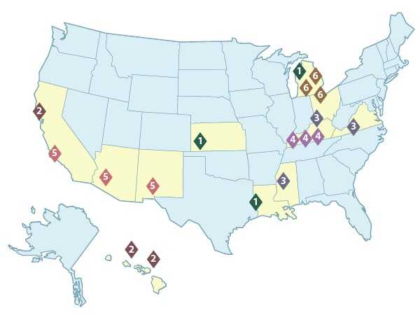 U.S. map illustrating the 6 national organization awardees and 18 communities funded by the CDC's Vulnerable Populations program