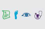 	icons for a prescription, a foot, an eye and a tooth with a stetheoscope around it