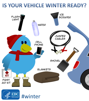 	Is Your Vehicle Winter Ready? - A bird character near the back of a vehicle with a water bottle, flash light, ice scraper, jumper cables, cell phone, shovel, first aid kit, and blankets.