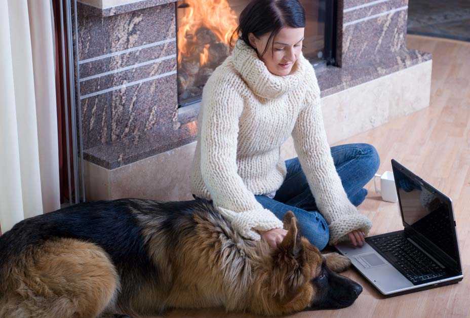 Woman on floor with dog and laptop