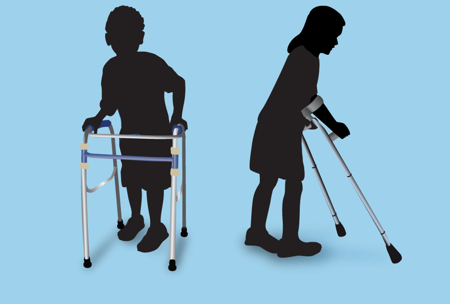 Silhouette of children walking with mobility devices