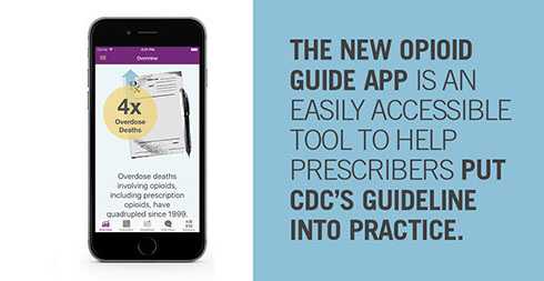 image of the mobile app; The new Opioid Guide App is an easily accessible tool to help prescribers put CDC's Guideline into practice