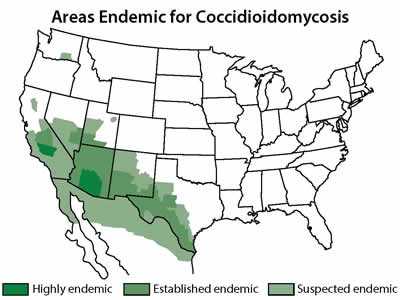 Map showing the approximate areas where the fungus that causes Valley fever is known to live or suspected to live.
