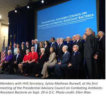 Members with HHS Secretary, Sylvia Mathews Burwell, at the first meeting of the Presidential Advisory Council on Combating Antibiotic-Resistant Bacteria on Sept. 29 in D.C. Photo credit: Ellen Wan.