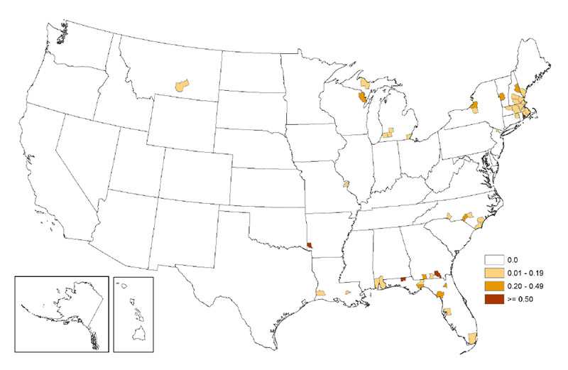 A map of the continental United States depicting Eastern Equine encephalitis Virus Neuroinvasive Disease Average Annual Incidence by County, 2007 to 2016.
