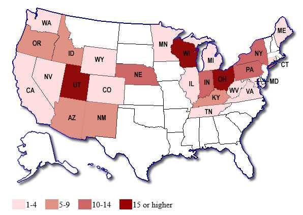 Map: Persons infected with the outbreak strain of E. coli O157:H7, by state of residence, as of October 6, 2006 (n=199)