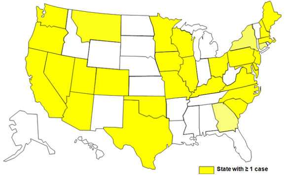 	Final Case Count Map: Persons infected with the outbreak strain of E. coli O157:H7, by state of residence, as of June 30, 2009 (n=72)