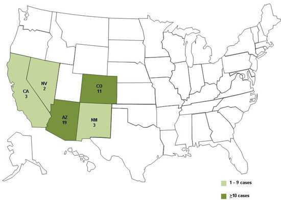 	Final Case Count Map: Persons infected with the outbreak strain of E. coli O157:H7, by state, as of November 24, 2010 (n=38)