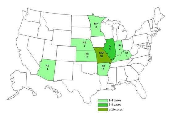 	Final Case Count Map: Persons infected with the outbreak strain of E. coli O157:H7, by state, as of March 21, 2012 (n=58)