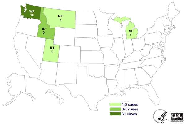 June 9, 2014: Map of Persons infected with the outbreak strain of E. coli O121, by state