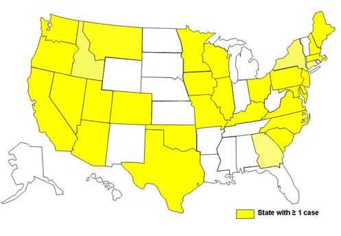 A map of the United States displaying cases of E. coli as of March 1, 2009 to July 31, 2009