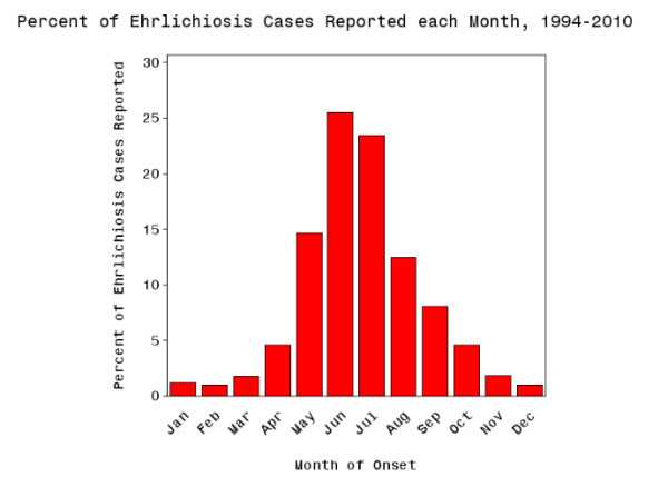 The graph displays month of onset for reported cases of ehrlichiosis from 1994 through 2010; peak months for illness onset are June and July.