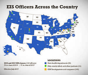 US map of EIS Officers Across the country by state.
