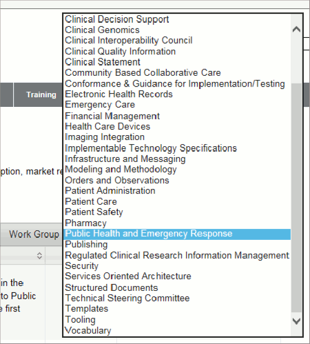 This graphic shows the “Public Health and Emergency Response” Work Group filter on the Master Grid of HL7 standards, found on the hl7.org website. When you select the “Public Health and Emergency Response” Work Group option, you will see just the HL7 standards related to public health in the results on the grid, instead of all the HL7 standards.