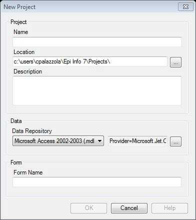 New project dialog box contains info such as project name and save location.