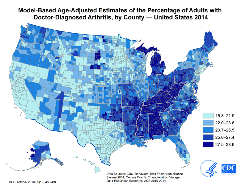 Map of US: Model-based age-adjusted estimates of the percentage of adults with doctor-diagnosed arthritis by county