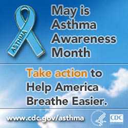 Badge: May is Asthma Awareness Month. Take action to help America breathe easier.