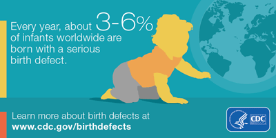Infographic: Every year, about 3-6 percent of infants worldwide are born with a serious birth defect. Learn more at cdc.gov/birthdefects.