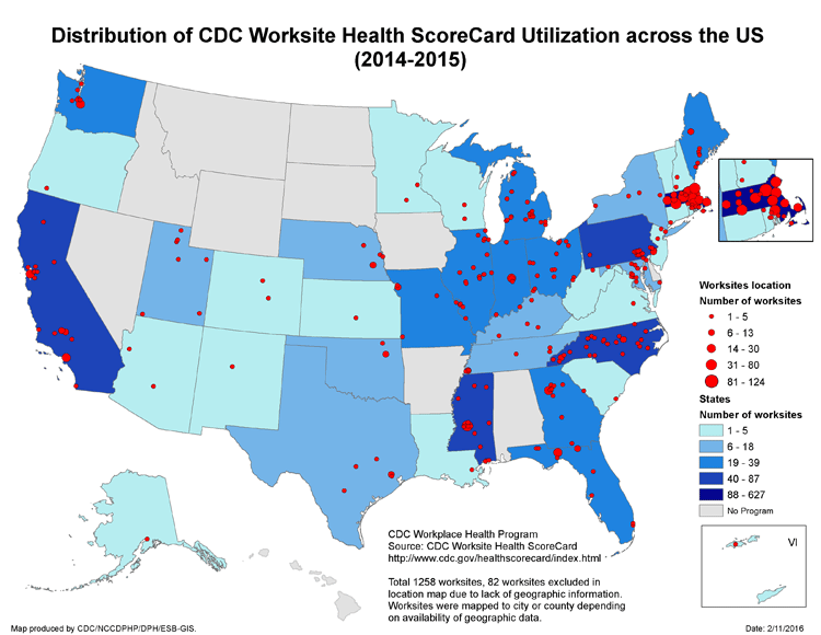 Map of the Distribution of CDC worksite Health Scorecard Utliization across the US 2014-2015