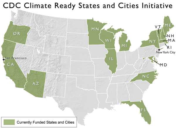 Illustration: Map of CDC Climate Ready States and Cities Initiative. Currently funded states and cities include Arizona, California, Florida, Illinois, Maine, Maryland, Massachussetts, Michigan, Minnesota, New Hampshire, New York, New York City, North Carolina, Oregon, Rhode Island, San Francisco, Vermont and Wisconsin.