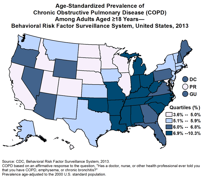 Map of age-standardized prevalence of Chronic Obstructive Pulmonary Disease (COPD) among adults aged more than 18 years, Behavioral Risk Factor Surveillance System, United States, 2013