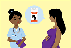 Illustration of doctor talking to pregnant woman about an emergency kit