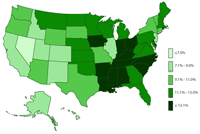 Map: Percent of youth aged 4-17 ever diagnosed with Attention-Deficit/Hyperactivity Disorder by a health care provider by state. National Survey of Children's Health, 2011.