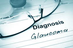 Graphic of eyeglasses and report that says diagnosis glaucoma