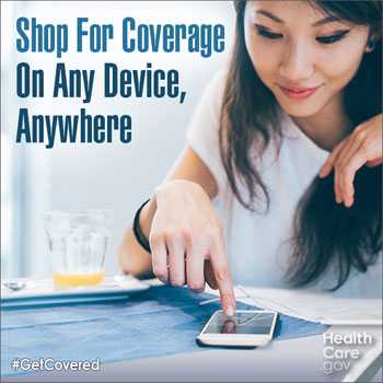 Graphic of woman using smart phone. Shop for coverage on any device, anywhere. #GetCovered at HealthCare.gov