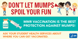 Don't let mumps spoil your fun. MMR vaccination is the best protection against mumps. Ask your student health services about where you can get vaccinated.