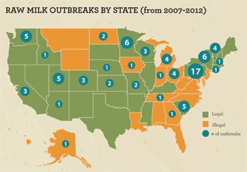 US Map of raw milk outbreaks