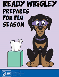 Graphic of dog and tissue. Ready Wrigley prepares for flu season.