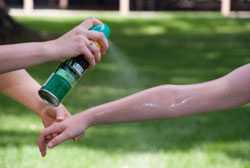 Someone applying insect repellent to someone's arm
