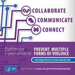 Graphic: Collaborate. Communicate. Connect. Explore our 5-year vision to prevent multiple forms of violence. A strategic vision for connecting the dots.