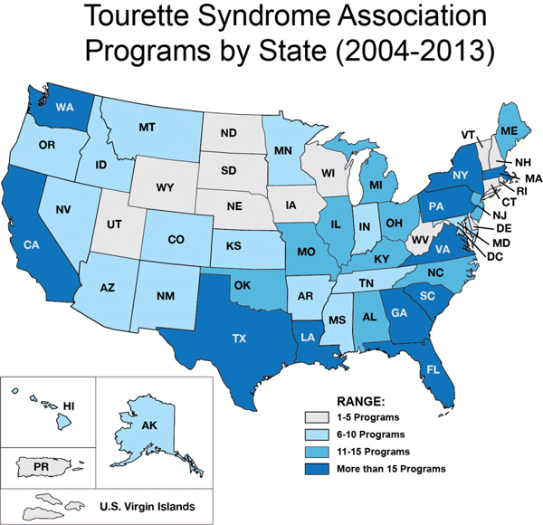 Map of United States - Tourette Syndrome Association Programs by State (2004-2013)