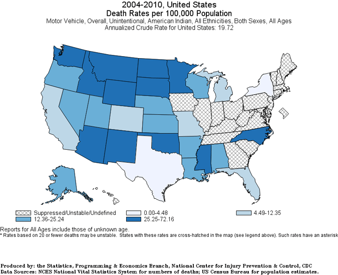 Map: 2004-2010, U.S. Death Rates per 100,000 Population. Motor vehicle, overall, unintentional, American Indian, all ethnicities, both sexes, all ages. Annualized crude rate for U.S.: 19.72.