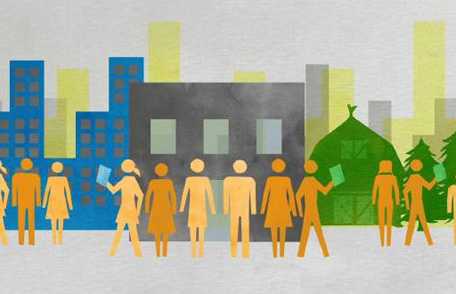 Graphic: Silhouettes of people and buildings