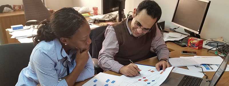 Public Health Informatics Fellowship Program fellow and CDC Cairo office data manager collaborate in assessing data management workflows for International Emerging Infections Program. Cairo, Egypt (2016).