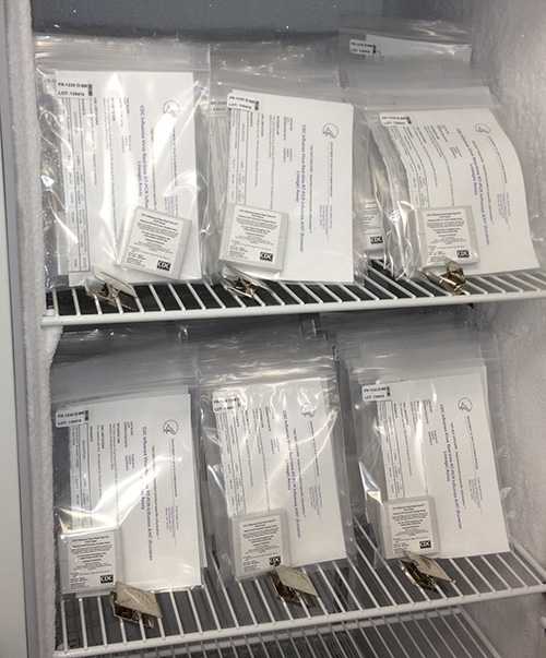 A freezer contains CDC’s H7N9 reagent kits for international shipment.