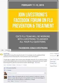 Participe en el foro de Livestrong en Facebook sobre la prevención y el tratamiento de la influenza.