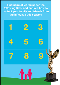 Imagen de la pantalla principal de un juego móvil creado para despertar conciencia sobre la información de salud de los CDC relacionada con la influenza y las vacunas.