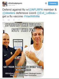 Tweet de la NFL Retired Players Association: Defiéndase de la influenza con el miembro de la NFLRPA y el coordinador de defensa de los Steelers y vacúnese.