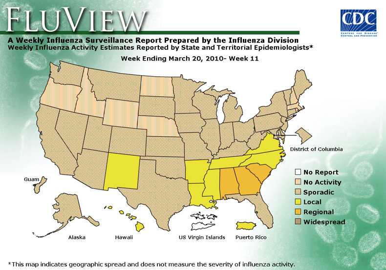FluView, Week Ending March 20, 2010. Weekly Influenza Surveillance Report Prepared by the Influenza Division. Weekly Influenza Activity Estimate Reported by State and Territorial Epidemiologists. Select this link for more detailed data.
