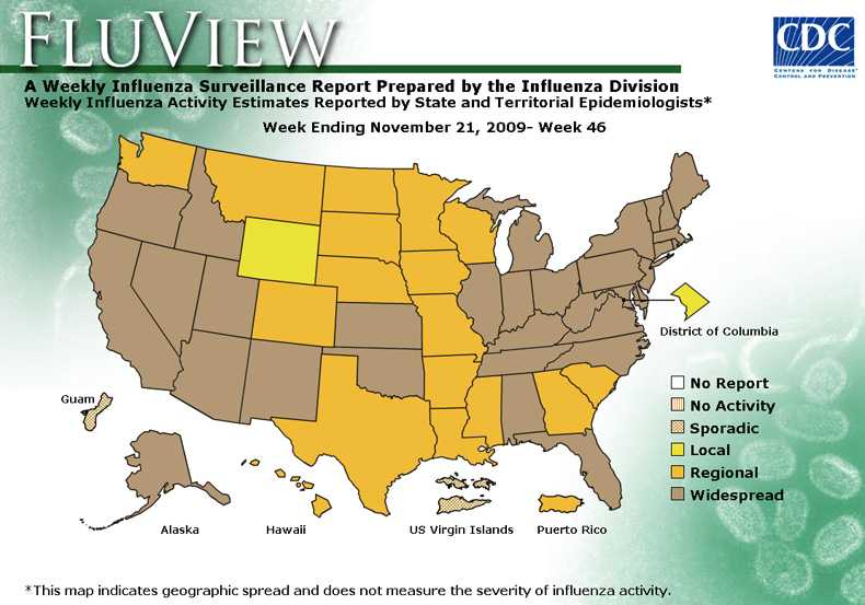 FluView, Week Ending November 21, 2009. Weekly Influenza Surveillance Report Prepared by the Influenza Division. Weekly Influenza Activity Estimate Reported by State and Territorial Epidemiologists. Select this link for more detailed data.