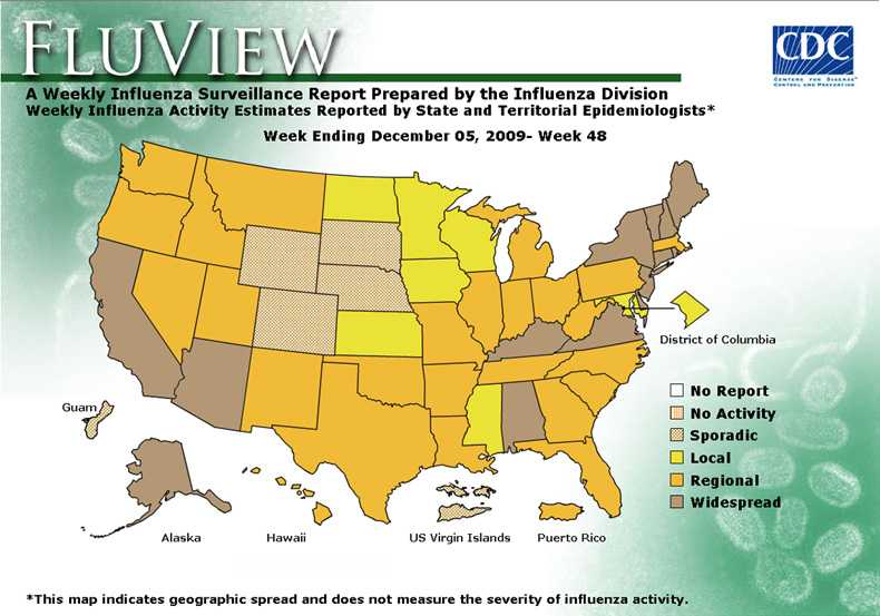 FluView, Week Ending December 5, 2009. Weekly Influenza Surveillance Report Prepared by the Influenza Division. Weekly Influenza Activity Estimate Reported by State and Territorial Epidemiologists. Select this link for more detailed data.