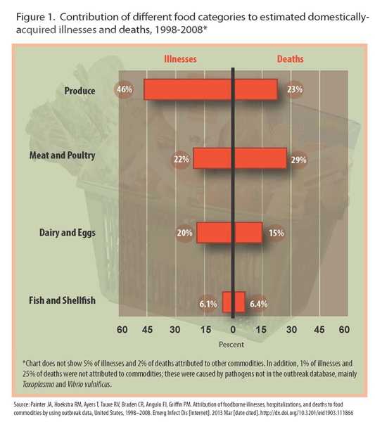 Chart: Contributions of different food categories to estimated domestically illnesses and deaths, 1998-2008*. Produce Illnesses - 46% Deaths - 23% ; Meat and Poultry Illnesses - 22% Deaths - 29%;Dairy and Eggs Illnesses - 20% Deaths - 15%; Fish and Shelfish Illnesses - 6.1% Deaths - 6.4%